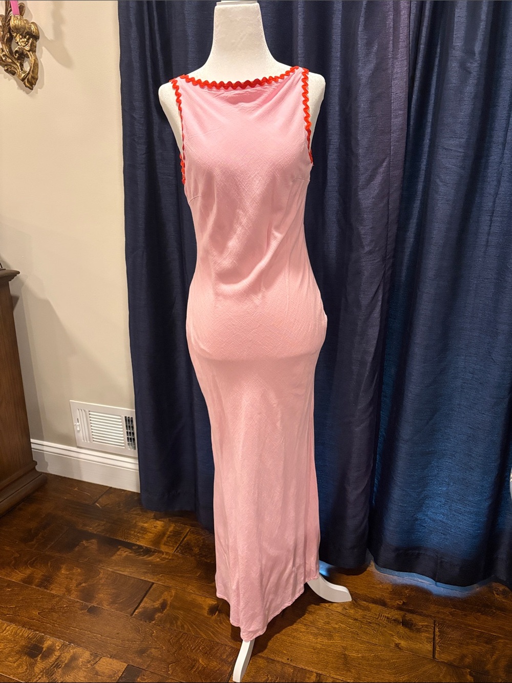 Hello Molly Pink Maxi Dress with Red Scalloped Trim- cotton-linen blend